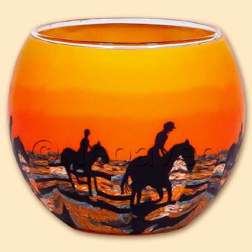 11cm Leuchtglas Reiter am Strand im Sonnenaufgang oder Sonnenuntergang, herrlich leuchtendes Motiv von Kerzenfarm Hahn