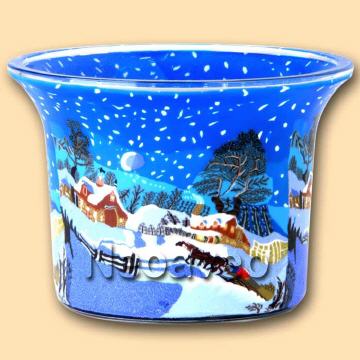 Kanadische Winternacht Leucht-Teelichtglas von Kerzenfarm Hahn mit frostiger Nacht, schneebedecktem Farmhaus im Schneefall. Für Teelicht oder elektrisches LED-Teelciht.