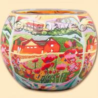 Haus zum Träumen 15 cm XL Leuchtglas von Kerzenfarm Hahn, mit Sommerlandschaft, knallrotem Klatschmohn und rotem Haus zum das zum Träumen einlädt.