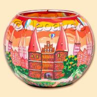 15 cm XL Leuchtglas Hansestadt Lübeck mit Holstentor und bekannten Kirchtürmen. Sehr schön leuchtendes Motiv von Kerzenfarm Hahn