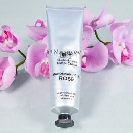 Kakaobutter Handcreme in der Tube Marokkanische Rose. Hautpflegende Creme für unterwegs mit Sheabutter und Vitamin E.